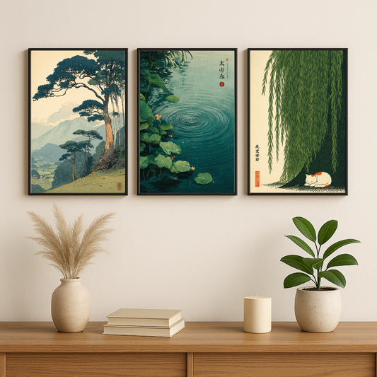 Japanese Zen Wall Art Set of 3 – Mountain, Lotus Pond & Willow Tree Prints | Japandi Home Décor