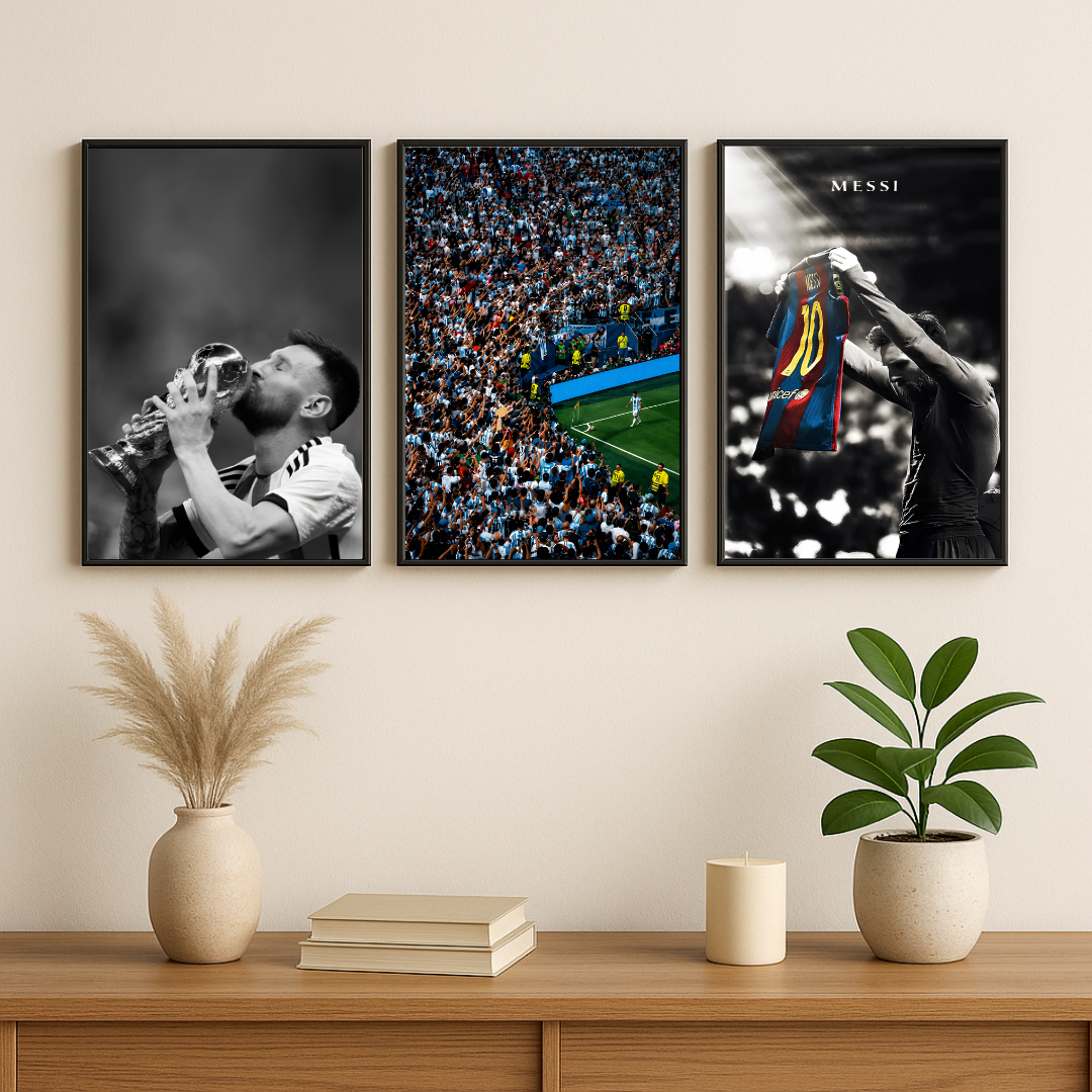 Lionel Messi Football Wall Art Set of 3 – GOAT Trophy, Stadium & Iconic Jersey | Soccer Poster Collection