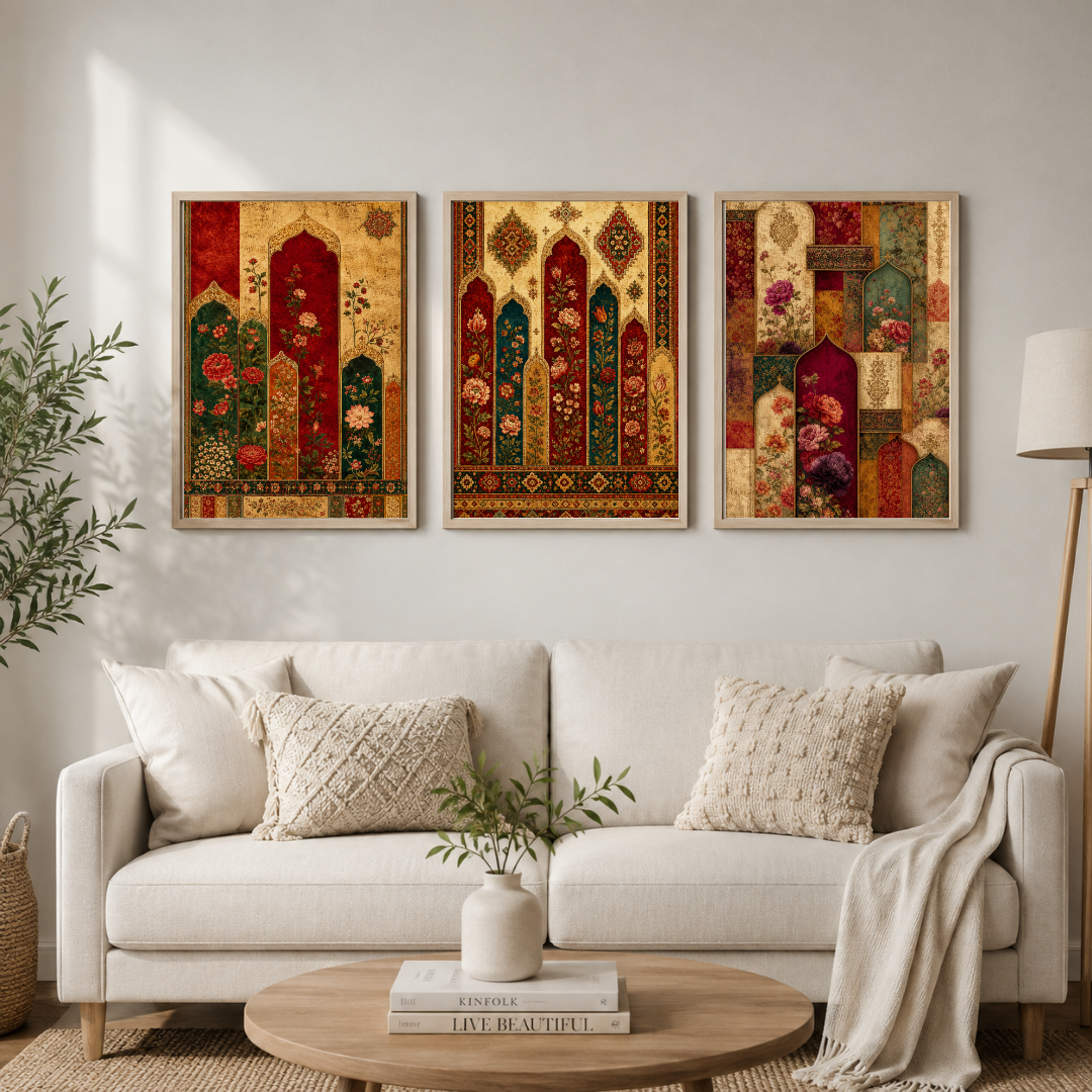 Persian Arch Garden Wall Art – Vintage Oriental Floral Set of 3