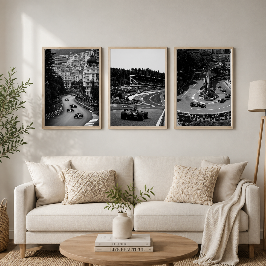 Formula 1 Racing Wall Art – Monochrome Motorsport Photography Set of 3