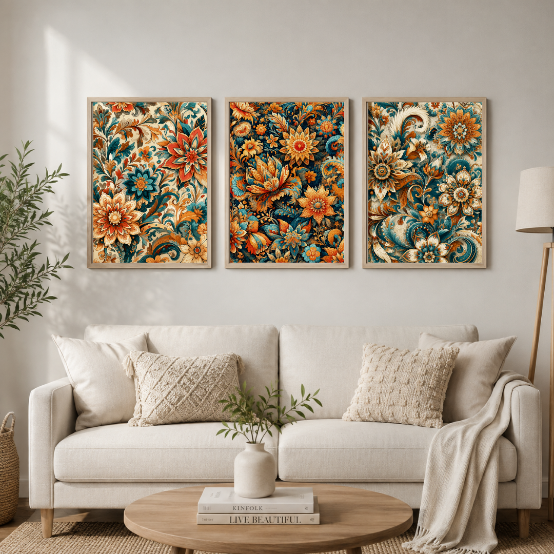 Vintage Floral Elegance – Teal & Orange Botanical Wall Art Set of 3