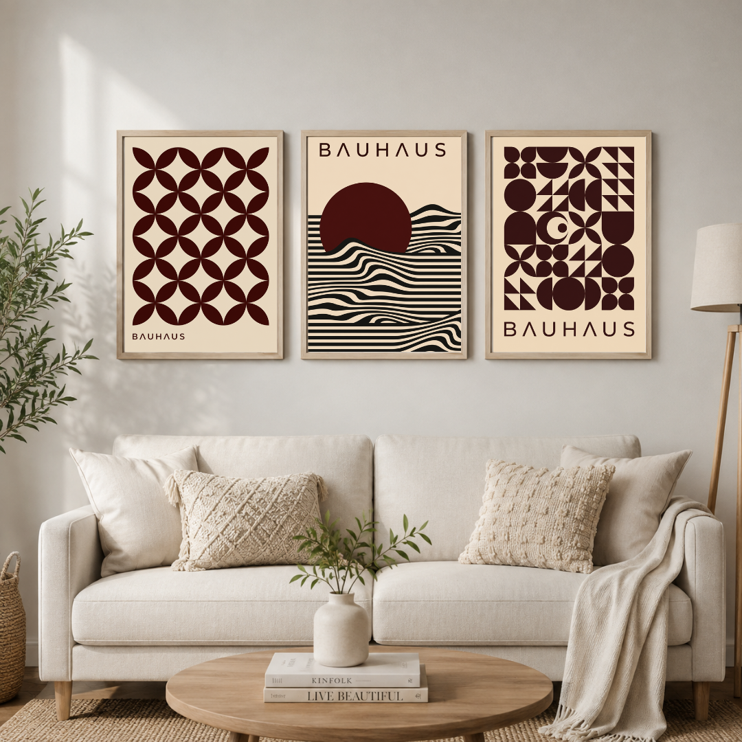 Bauhaus Geometry – Modern Abstract Wall Art Set of 3