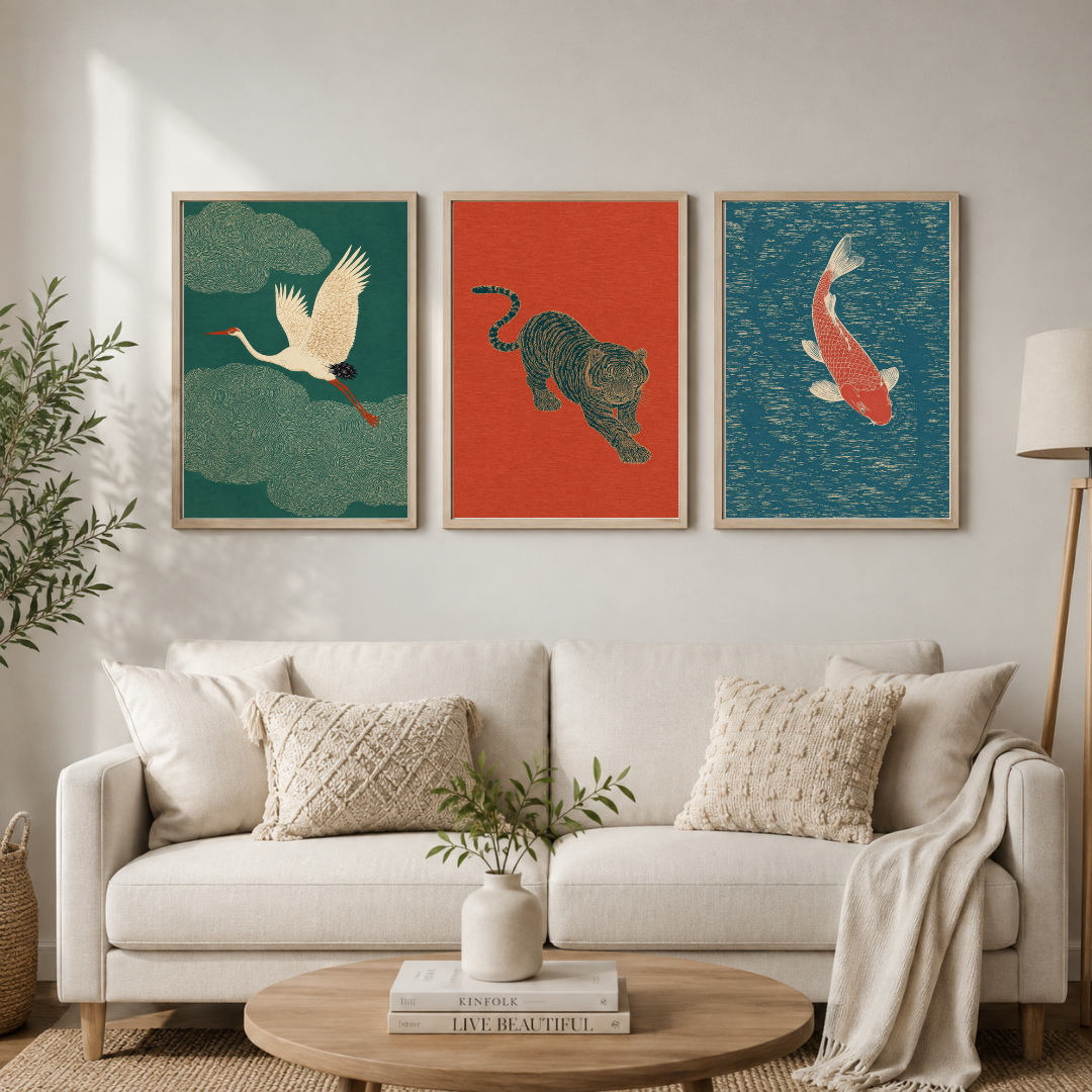 Japanese-Inspired Crane, Tiger & Koi Wall Art Set of 3 | Oriental Framed Art Collection