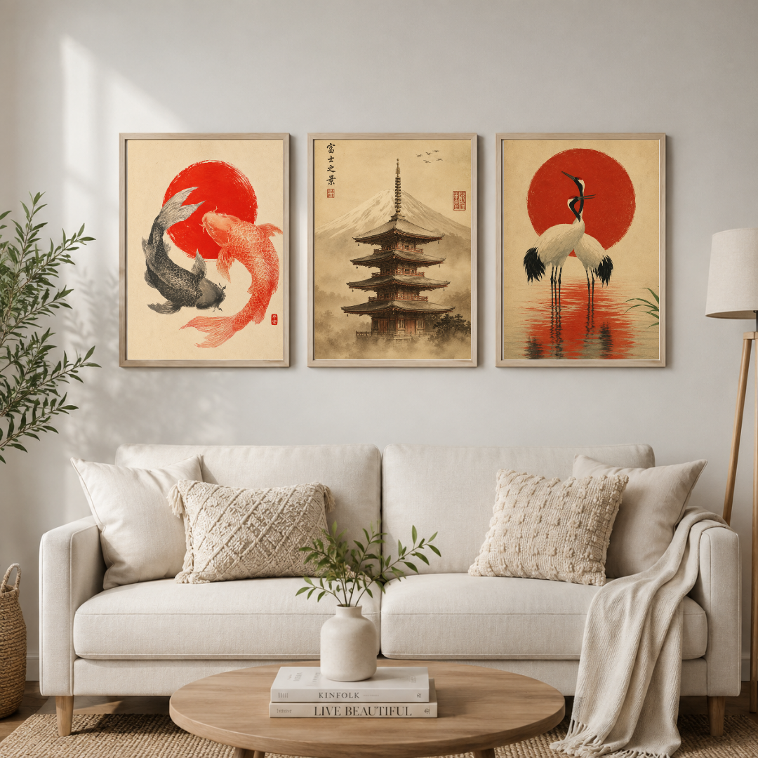 Japanese Koi, Pagoda & Crane Wall Art Set of 3 | Japanese-Inspired Framed Art Collection
