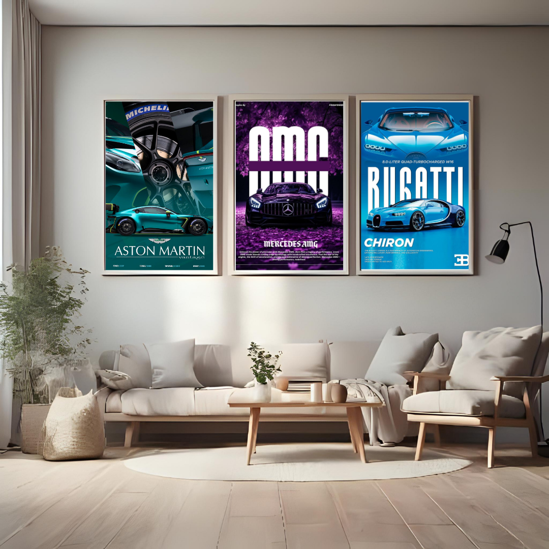 Luxury Supercar Wall Art Set – Aston Martin, Mercedes AMG & Bugatti Poster Trio (Set of 3) | Decorxhome