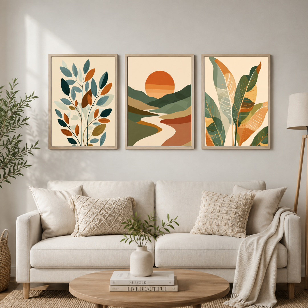 Botanical Leaves & Sunset Landscape Wall Art Set of 3 | Modern Nature Framed Prints