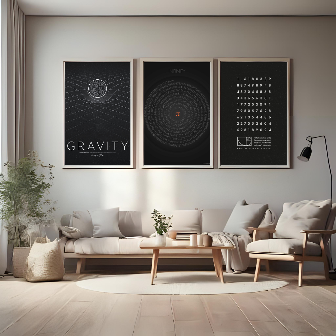 Mathematics & Infinity Wall Art Set – Gravity, Pi & Golden Ratio Minimal Poster Trio (Set of 3) | Decorxhome