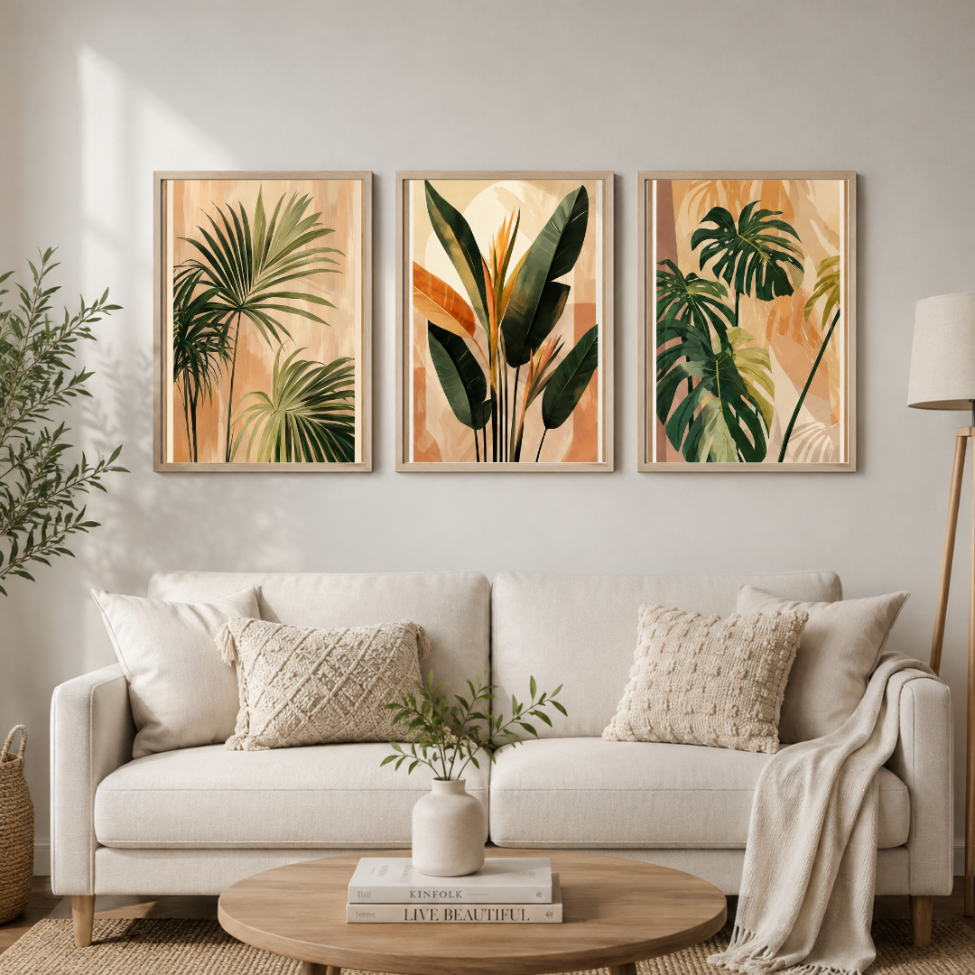 Tropical Botanical Leaves Wall Art Set of 3 | Modern Green & Terracotta Framed Prints