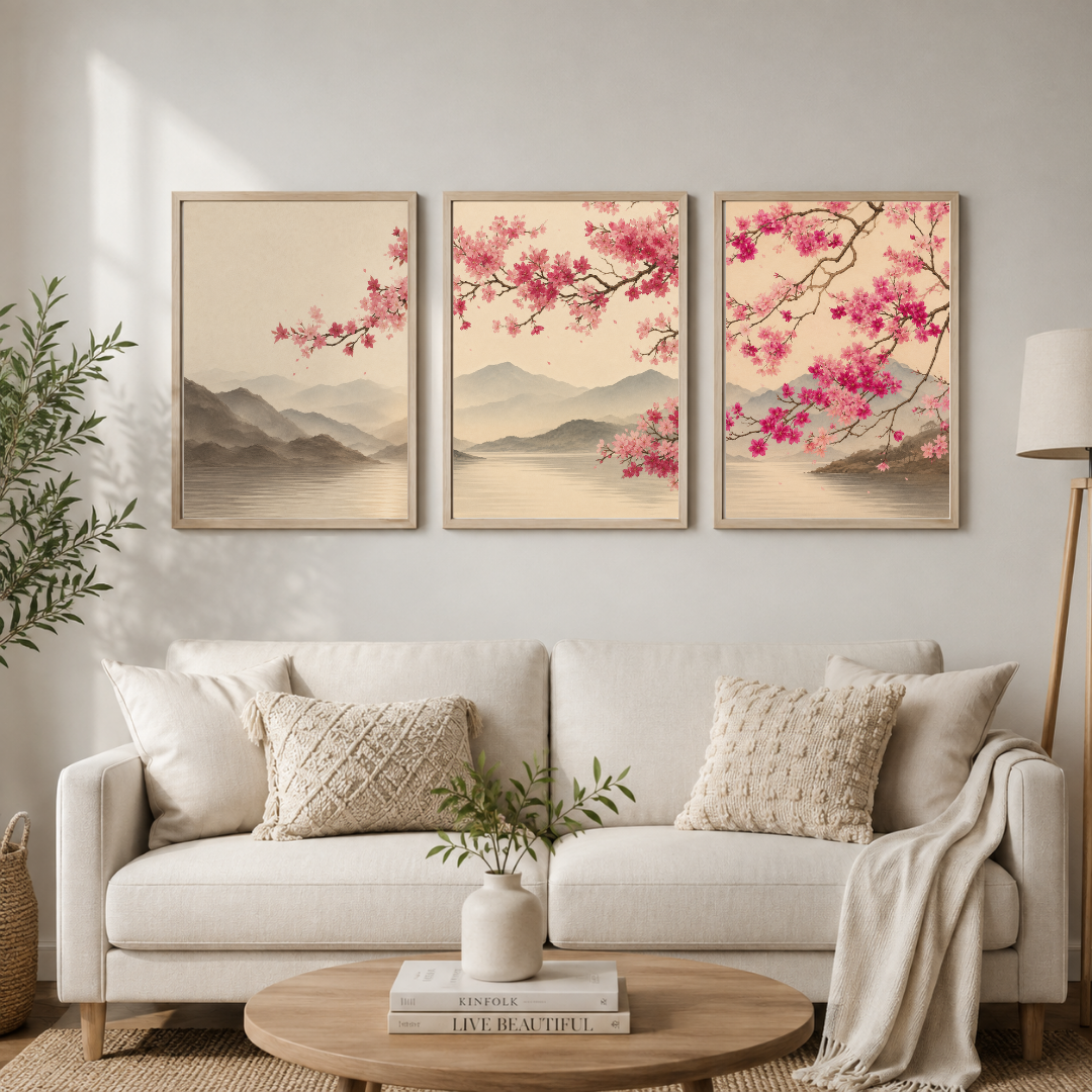 Cherry Blossom & Mountain Lake Wall Art Set of 3 | Japanese-Inspired Framed Nature Prints