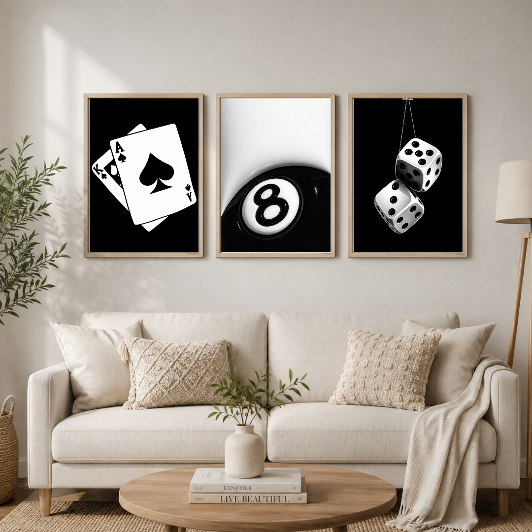 Casino Game Night Wall Art Set of 3 | Playing Cards, 8 Ball & Dice Framed Prints