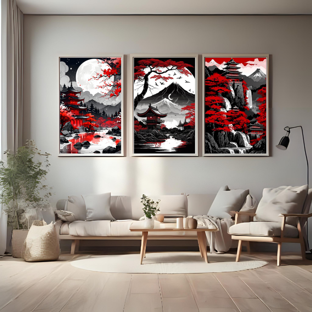 Moonlit Japan Landscape Wall Art Set – Red Sakura & Pagoda Poster Trio (Set of 3) | Decorxhome