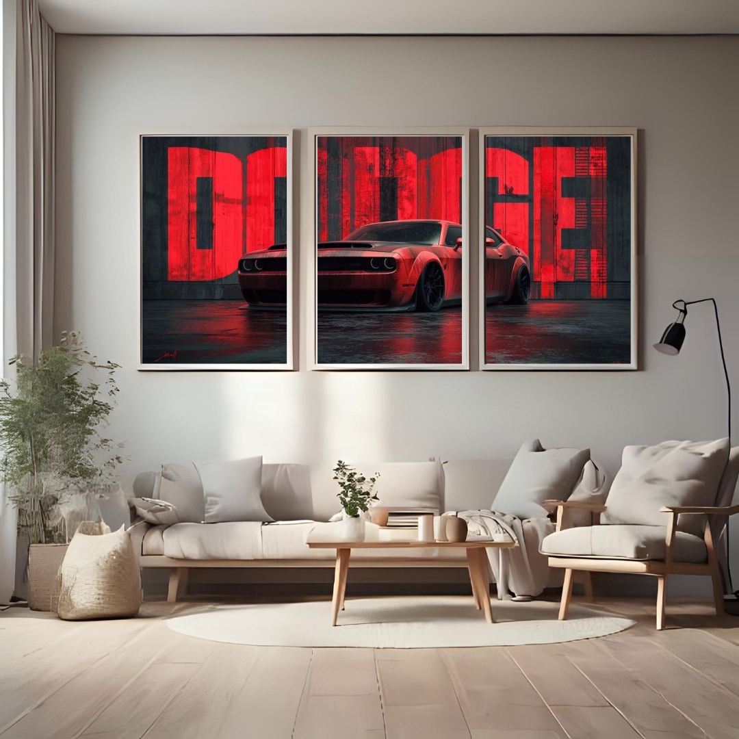 Dodge Muscle Car Wall Art Set – Red Performance Car Poster Trio (Set of 3) | Decorxhome