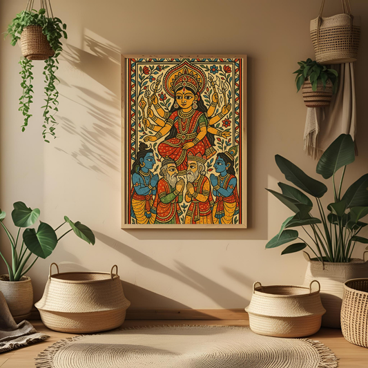 Maa Durga Blessing Poster – Traditional Indian Folk Art Wall Décor 🙏✨