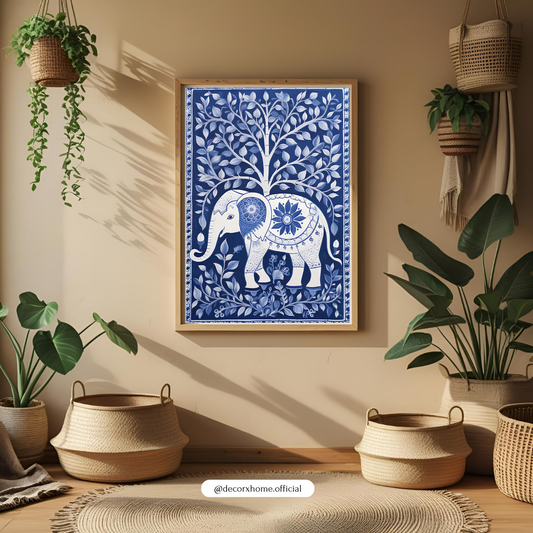 Royal Blue Elephant Wall Art – Traditional Indian Folk Style Poster