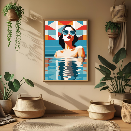 Modern Poolside Woman Wall Art – Framed Pop Art Print for Living Room, Bedroom & Office