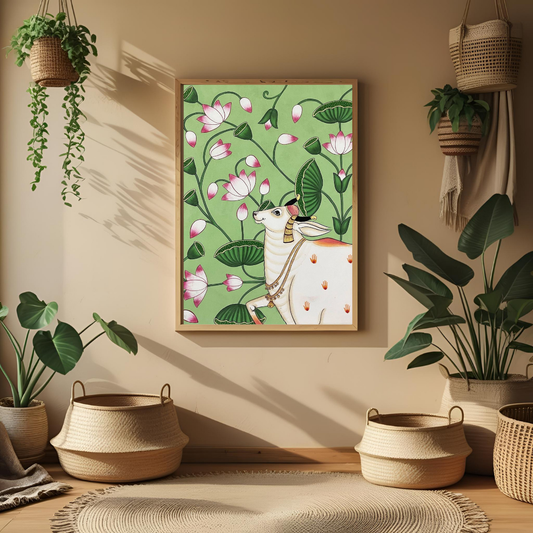 Divine Cows & Lotus – Traditional Pichwai Art Poster 🕉️🎨