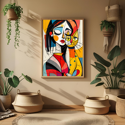 Colorful Woman & Cat Modern Art Print – Framed Abstract Wall Art for Living Room, Bedroom & Office Decor