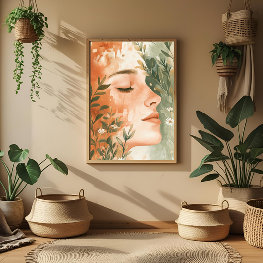 Boho Feminine Botanical Wall Art with Frame – Serene Abstract Decor for Home & Office