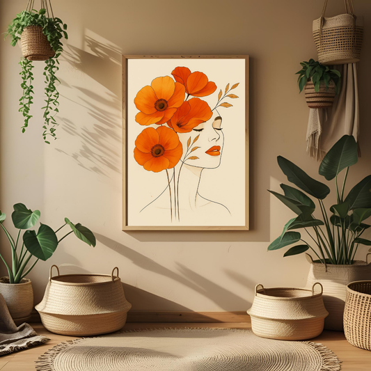 Boho Floral Femme Wall Art with Frame – Elegant Botanical Line Art for Living Room, Bedroom & Office Decor