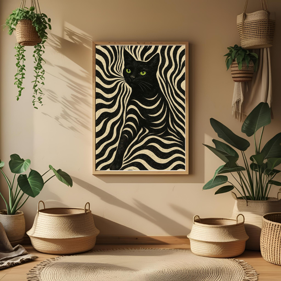 Abstract Black Cat Wall Art – Framed Animal Print for Modern Home Decor