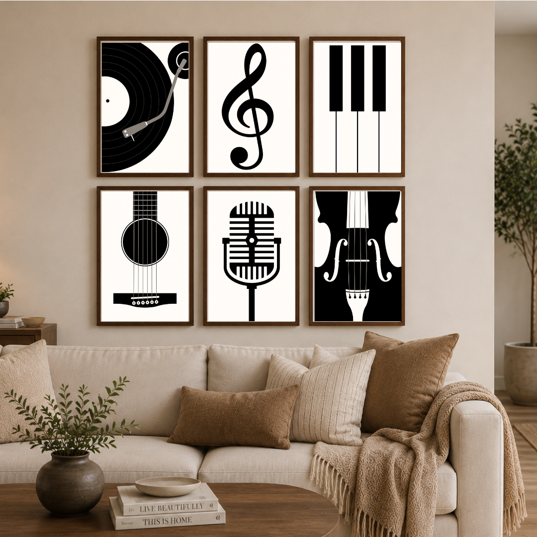 Music Symphony Collection – Modern Musical Instruments Wall Art Set (6-Piece Gallery Collection)