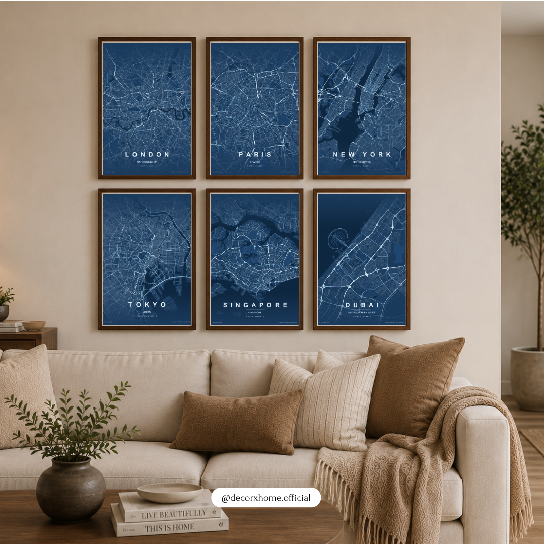World Cities Blueprint Map Poster Set | London Paris New York Tokyo Singapore Dubai Wall Art | Modern City Map Prints | Decorxhome
