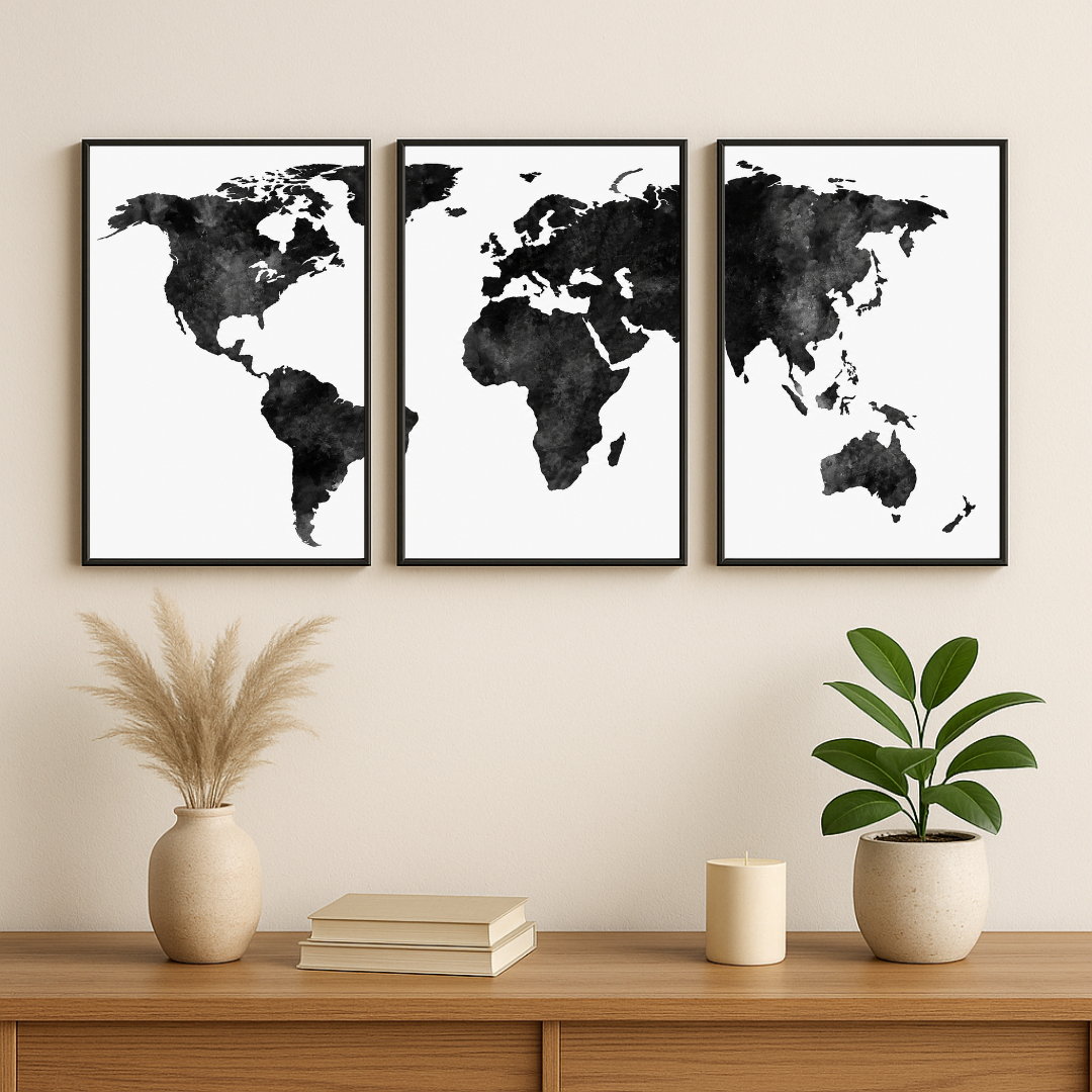 World Map 3 Panel Wall Art Poster Set | Minimal Black & White Travel Aesthetic Decor | DecorexHome