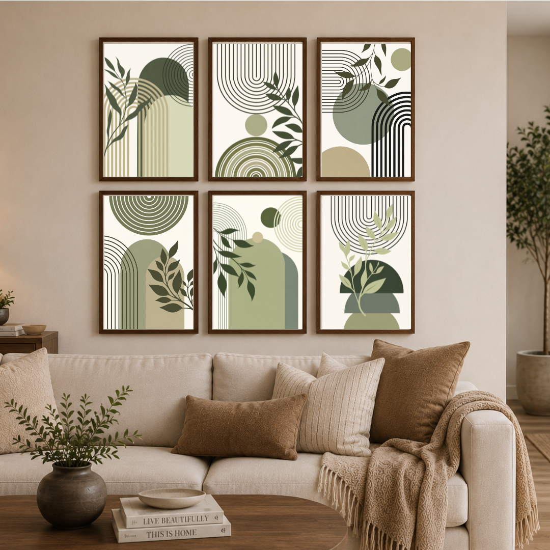 Olive Botanical Abstract Poster Set – Modern Scandinavian Geometric Wall Art (Set of 6) | Decorxhome