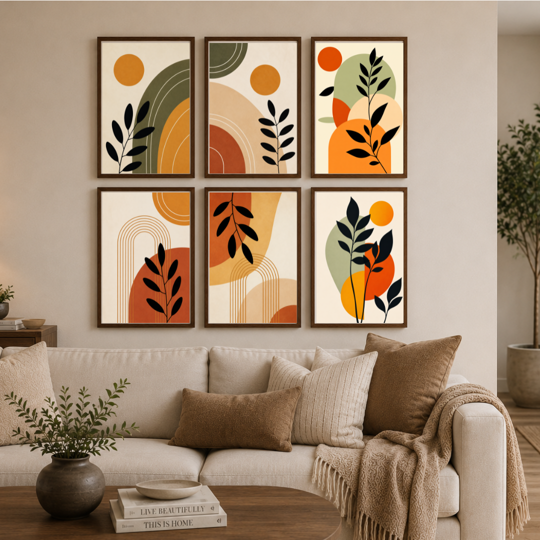Earthy Botanical Abstract Wall Art Set – Modern Boho Gallery Collection (6-Piece Set)