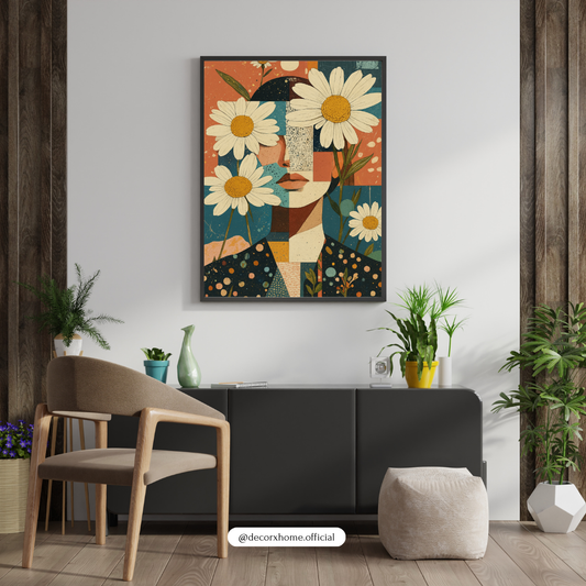Floral Abstract Woman Poster – Daisy Face Modern Aesthetic Wall Art