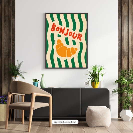 Bonjour Croissant Wall Art Poster | Retro French Café Aesthetic Print | Minimal Boho Kitchen Artwork | Decorexhome