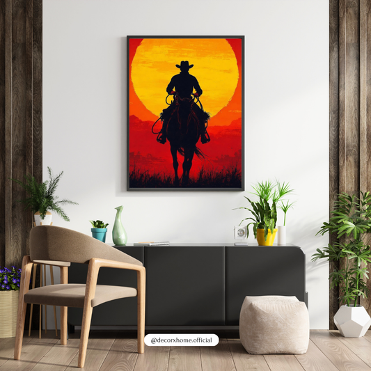 Lone Rider at Sunset – Western Silhouette Wall Poster by Decorxhome