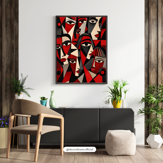 Abstract Cubist Faces Wall Art Poster | Red & Black Geometric Modern Art – Decorxhome