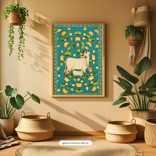 Kamdhenu Sacred Cow Poster | Traditional Indian Folk Art Wall Decor by DecorxHome