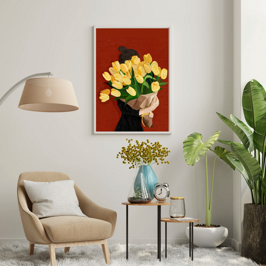 Golden Tulips Reverie Wall Poster | Minimalist Floral Art Print by Decorxhome