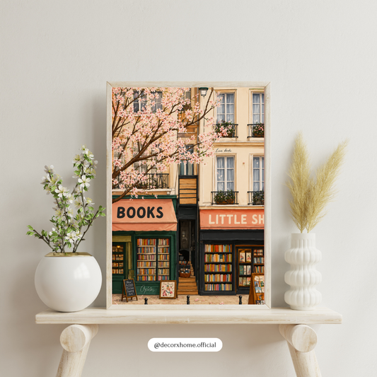 Little Bookshop in Bloom Poster – Springtime Literary Street Wall Art