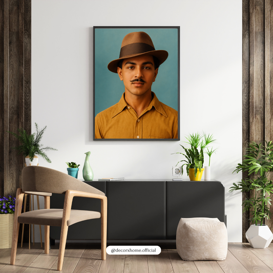Vintage Bhagat Singh Portrait Wall Art – Classic Retro Style Poster with Hat | Minimal Aesthetic Decor for Living Room, Bedroom & Studio | Decorxhome