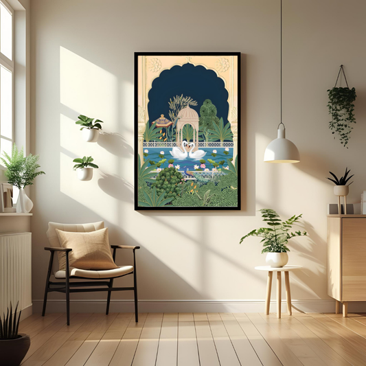 Royal Swans in Palace Garden – Traditional Indian Art Poster 🦢🌸