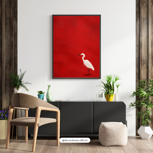 Minimalist White Heron Wall Art Poster – Bold Red Background Modern Bird Illustration | Decorxhome