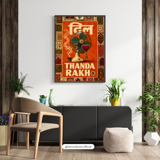 Thand Rakho Poster | Desi Summer Vintage Wall Art | Indian Retro Fan Artwork | Funny Hindi Wall Décor | Quirky Home Décor | Decorexhome