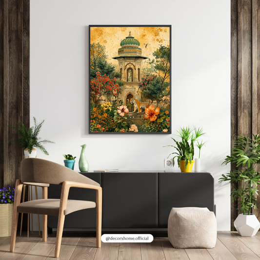 Royal Garden Pavilion with Tiger – Vintage Palace Floral Wall Art Poster | DecorxHome