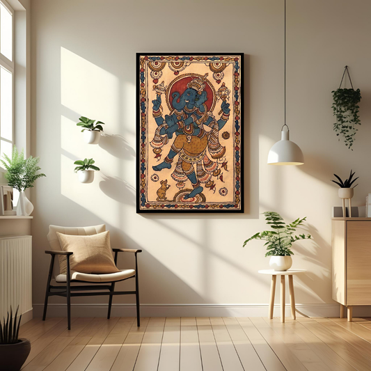 Lord Ganesha Dancing Poster – Traditional Indian Kalamkari Folk Art 🎨🕉️