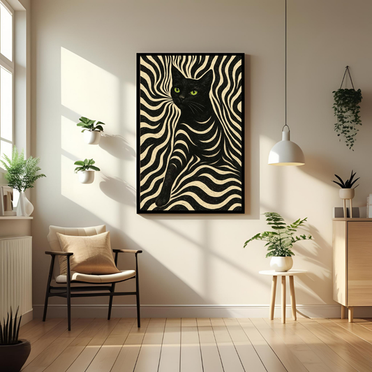 Abstract Black Cat Wall Art – Framed Animal Print for Modern Home Decor