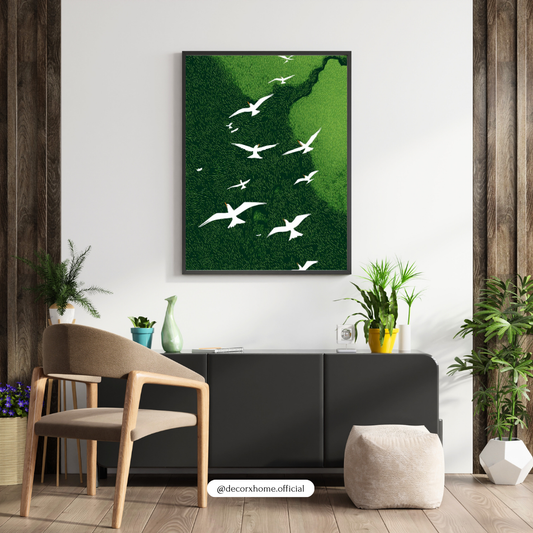 Soaring Birds Over Green Valley – Minimal Nature Wall Poster by Decorxhome