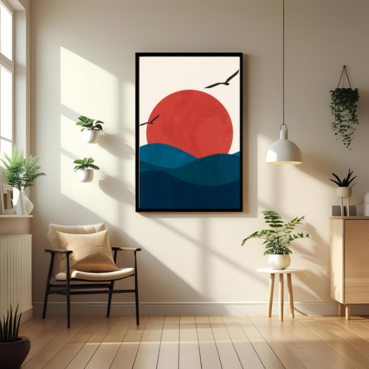 Boho Ocean Sunrise Wall Art with Frame – Minimalist Seascape Decor for Home & Office