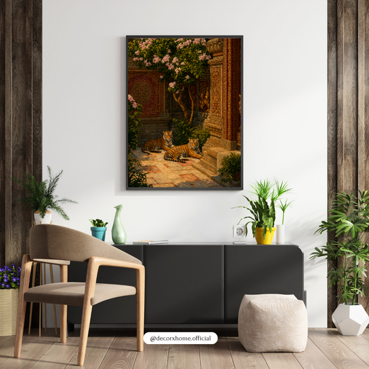 Royal Tigers in Palace Garden – Premium Aesthetic Wall Art Poster | DecorxHome