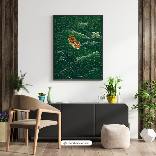Tiger in Emerald Waves – Minimal Ocean Aesthetic Wall Art Poster | DecorxHome