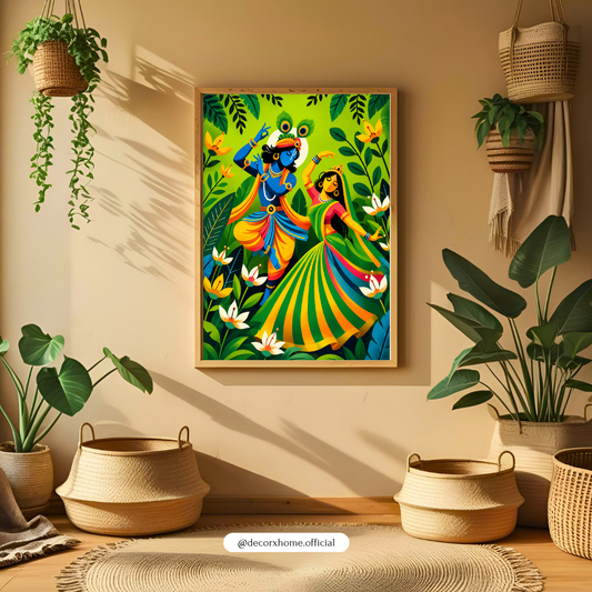 Radha Krishna Divine Dance Poster | Vibrant Spiritual Indian Wall Art by DecorxHome
