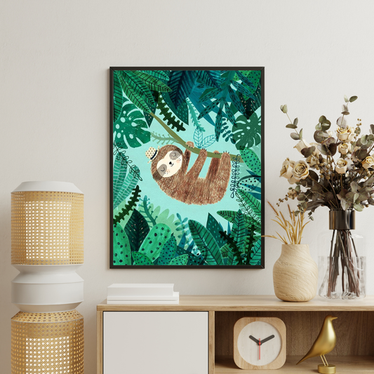 Sleepy Sloth in the Jungle Framed Poster | Whimsical Kids Wall Art by Decorxhome