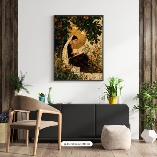 Royal Muse in Garden – Vintage Indian Woman Reading Wall Art Poster | DecorxHome